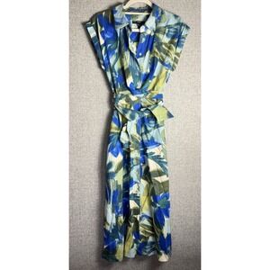 NWT Maggy London Green Blue Floral Botanical Linen Wrap Shirt Maxi Dress SMALL/4